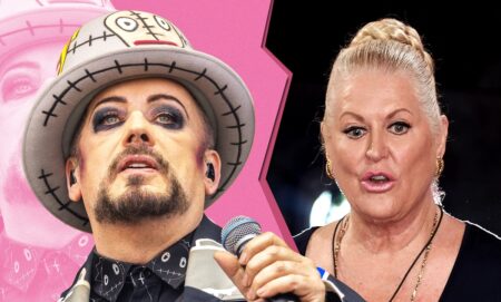 A graphic showing Boy George's face on the left in front of a pink background that's been torn in half with TV personality Kim Woodburn's face on the right in front of a black background