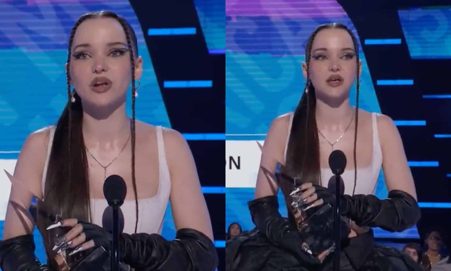 Dove Cameron rend hommage aux victimes de la fusillade de Colorado Spring lors des AMA: « Vous êtes tellement aimé » A split-screenshot showing queer singer Dove Cameron wearing a white dress and talking into a microphone as she pays tribute to Colorado Springs shooting victims during her acceptance speech at the American Music Awards