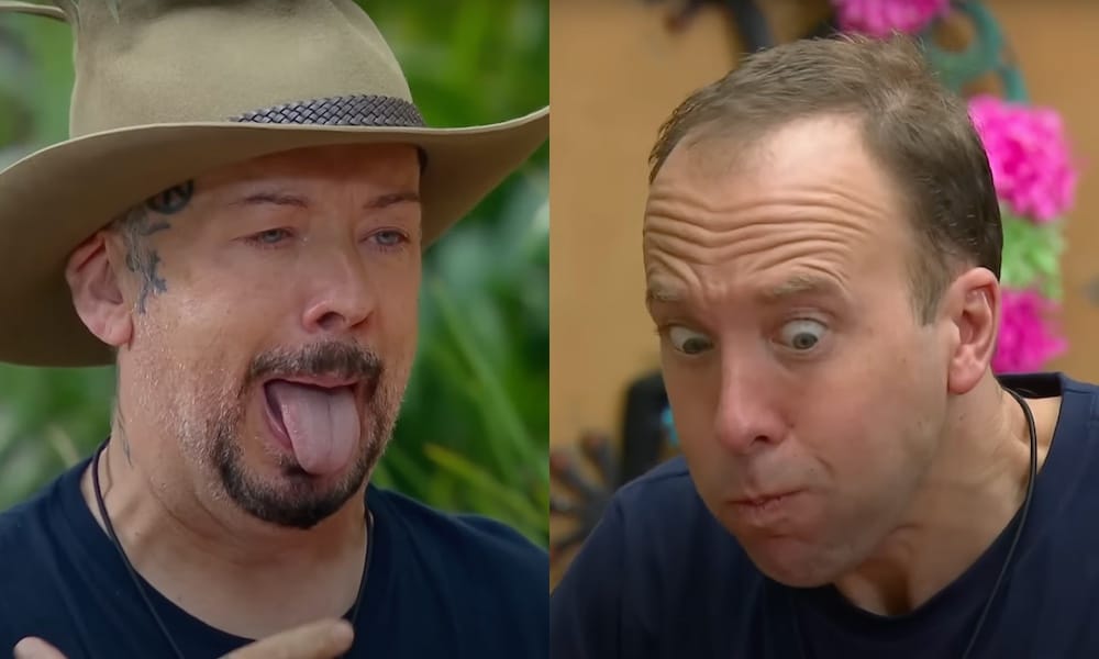Captures d'écran côte à côte de Boy George et Matt Hancock faisant des grimaces dégoûtées