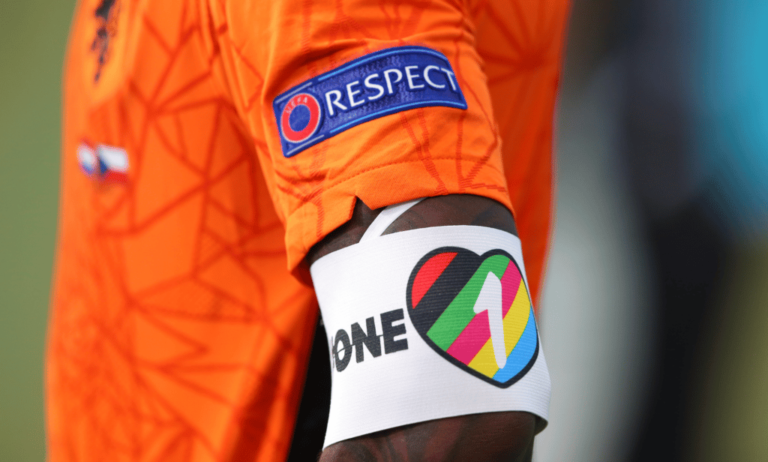 A player from Netherlands wears a rainbow OneLove armband, which several captains promised to also wear at the World Cup in Qatar