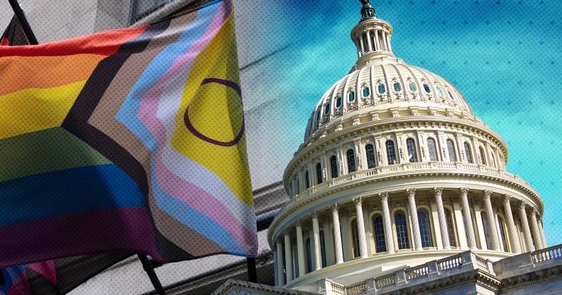 Le Sénat américain votera pour la dernière fois sur un projet de loi historique sur le mariage homosexuel Collage du bâtiment du Capitole des États-Unis avec un drapeau Progress Pride