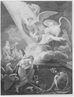 Un dessin en noir et blanc montre un homme aux bras tendus s'élevant vers une lumière céleste.