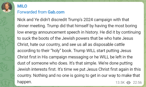Message télégraphique de Milo Yiannopoulos