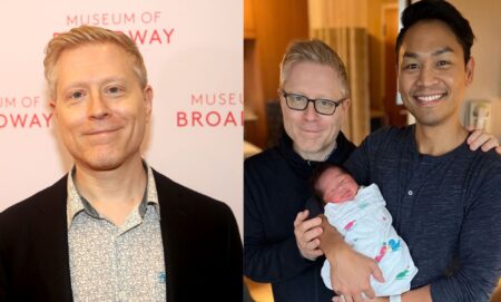 Side by side photos of Anthony Rapp and then an image of Rapp and his partner Ken Ithiphol holding their newborn child