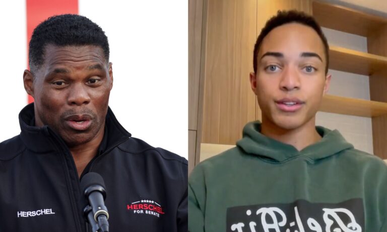 side by side images of Herschel Walker speaking at a podium and still shot from a video posted by his son, Christian