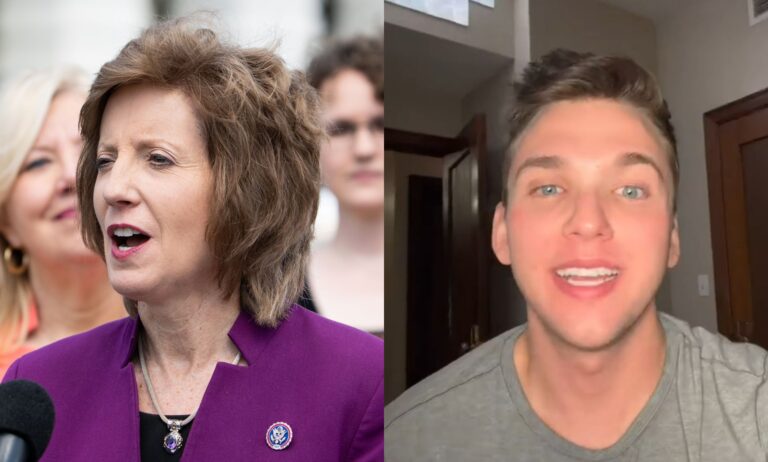 A split image of Republican politician Vicky Hartzler on the left, in a purple suit, and an image of Andrew Hartzler on the right.