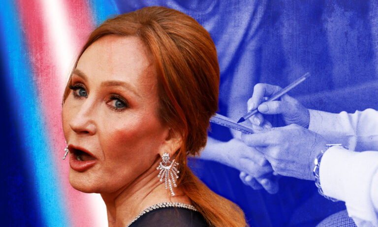 A graphic composite with a photo of JK Rowling with a doctor writing notes in the background, and a stripe with the colours of the trans Pride flag