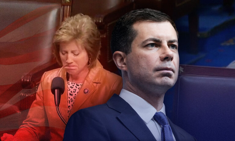 A side-by-side image of Pete Buttigieg in a blue suit, and Vicky Hartzler crying in an orange suit.