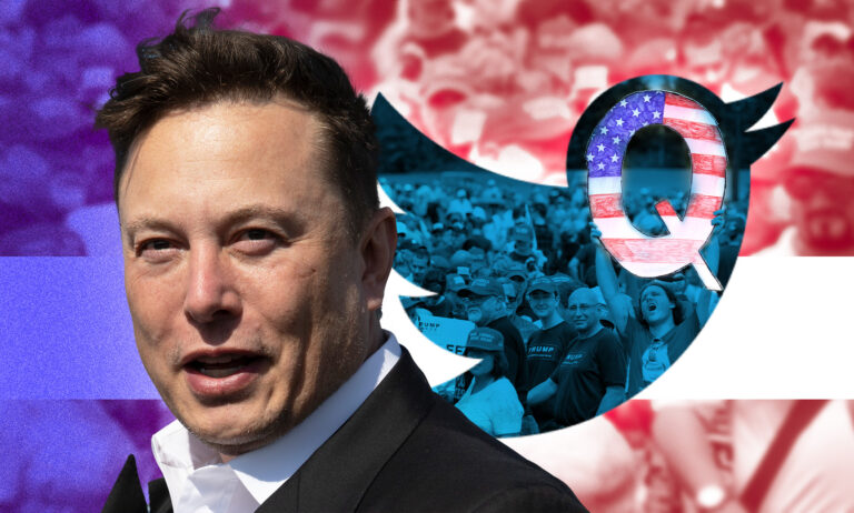 Elon Musk with a Twitter logo and QAnon symbol in the background