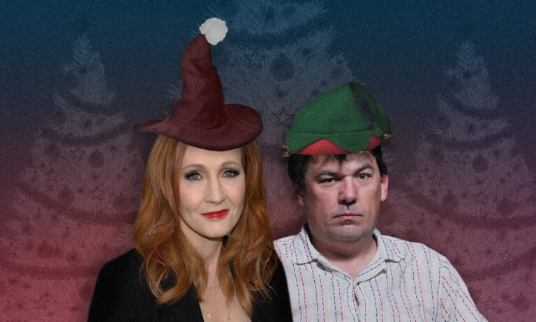A graphic showing Harry Potter author JK Rowling (left) wearing a witch's hat and Father Ted creator Graham Linehan wearing an elf hat against a background showing Christmas tree shapes