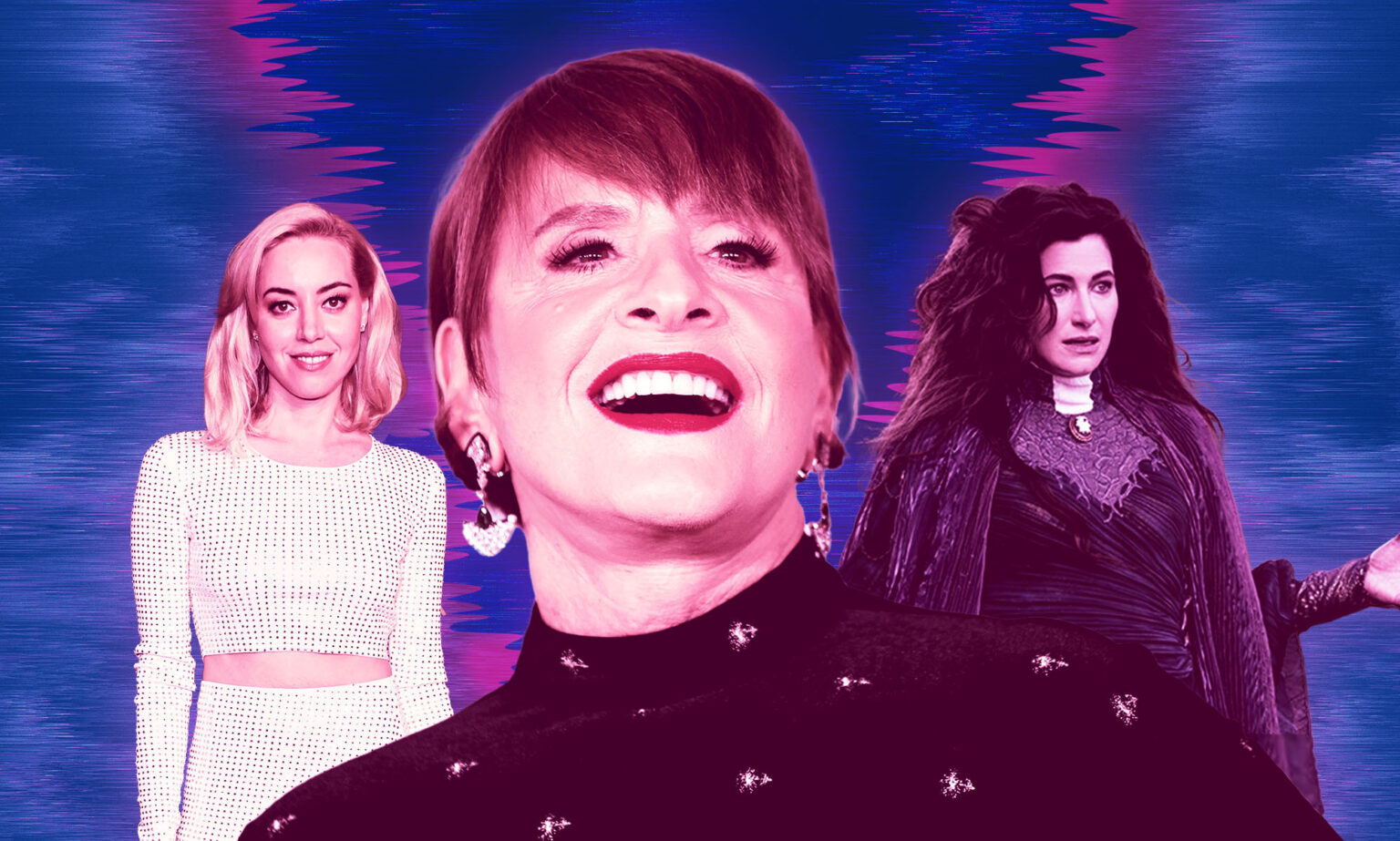Patti LuPone rejoint le spin-off de WandaVision et les fans sont ravis : « Les gays gagnent ! » A graphic showing in the foreground a cutout close-up image of actor Patti LuPone wearing a black and sequin top, behind her is actor Aubrey Plaza wearing a white top and trousers and to the right is actor Kathryn Hahn dressed in her Agatha Harkness costume from Disney+ series Wandavision.
