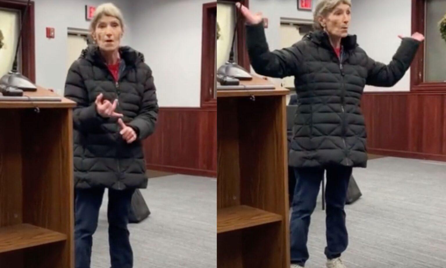 Une bibliothécaire en colère déchire les conservateurs qui l’ont « menacée » pour des livres LGBTQ+ A librarian gestures with her hands as speaks before a board meeting about threats and harassment she's received because conservatives are angry over the library's LGBTQ+ books collections