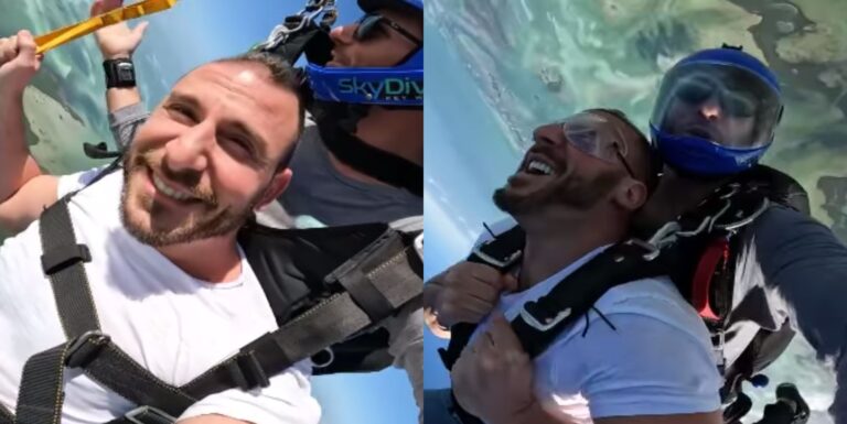 side by side photo of man in white t-shirt skydiving out of a plane in Florida