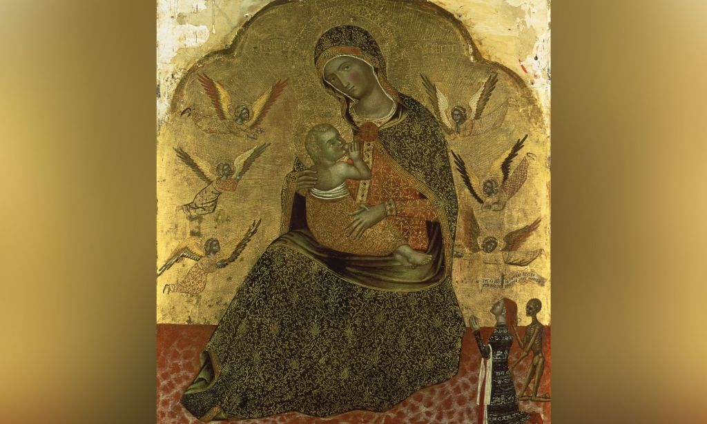 Une représentation artistique de Marie allaitant le bébé Jésus entouré d'anges