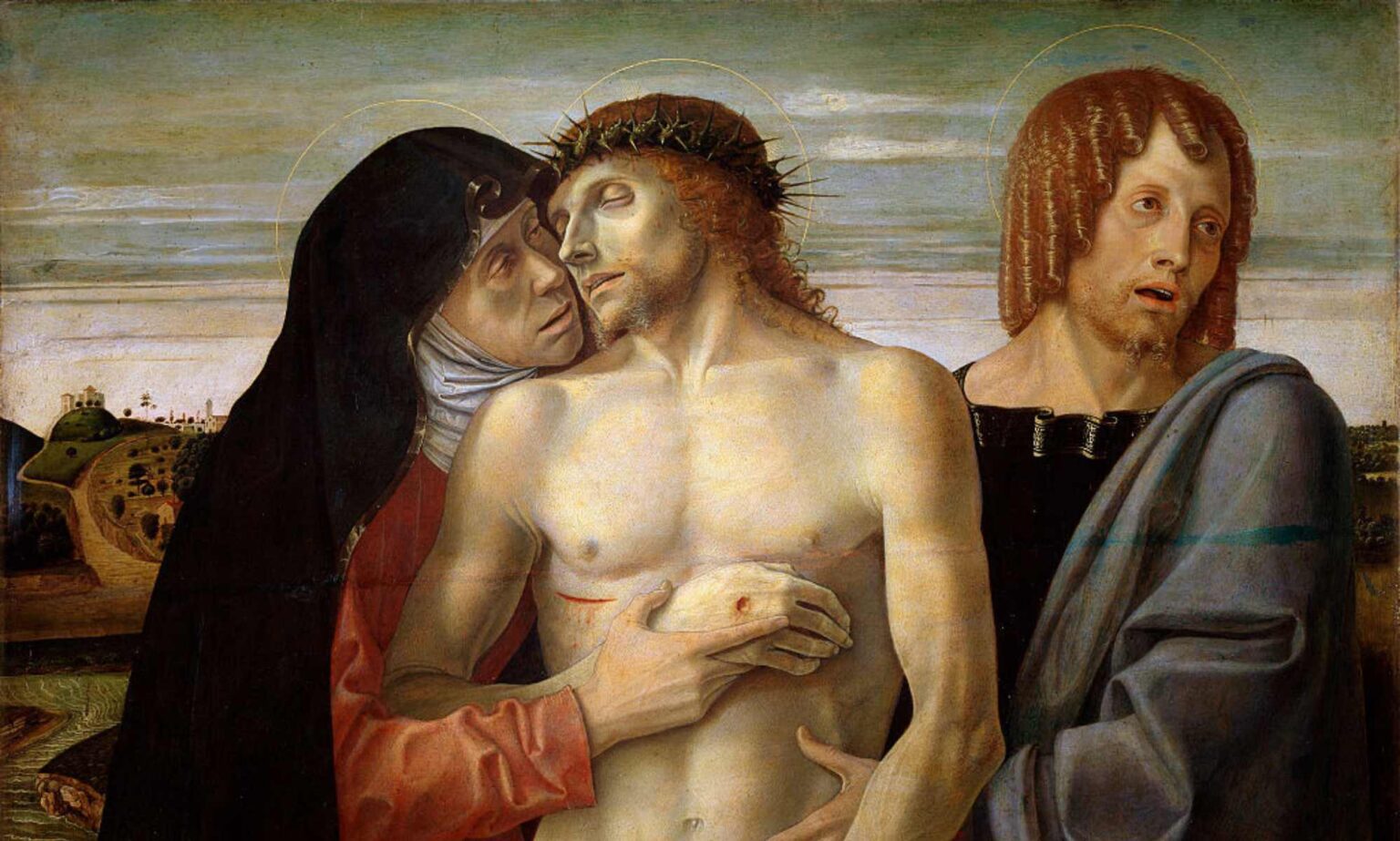 Il y a une longue histoire de Jésus défiant les normes de genre: « Je pense que c’est son moment de sortie » Oil painting of Jesus being held up by Mary and St John