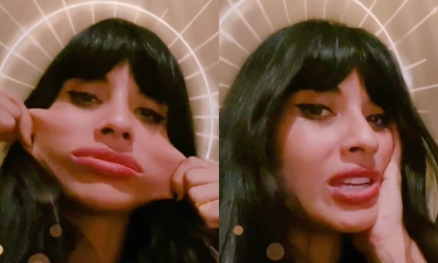 Jameela Jamil montre une «peau élastique» alors qu’elle s’ouvre sur le syndrome rare d’Ehlers-Danlos Two side-by-side images taken from actor Jameela Jamil's TikTok account show her pulling her face outward to demonstrate her 'elastic skin' caused by her Ehlers Danlos-Syndrome. The next image shows the actor just resting her head on her hand as she looks towards the camera