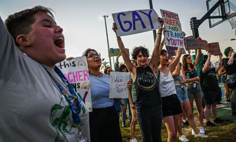 LGBTQ+ rights advocates gather around in protest of Ron DeSantis and the 'Don't Say Gay' bill in protest