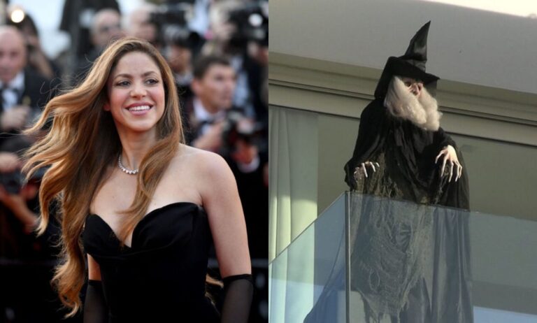 On the left, Shakira is pictured wearing a plunging black gown at a film festival in 2022. On the right is a picture of a witch mannequin that's been spotted on the singer's balcony in her Barcelona home.