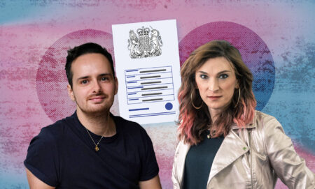 Collage of Harry Nicolas and Juno Dawson with a mocked-up Gender Recognition Certificate