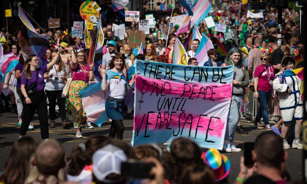 Une personne au milieu d'une marche de la fierté trans tient une pancarte indiquant