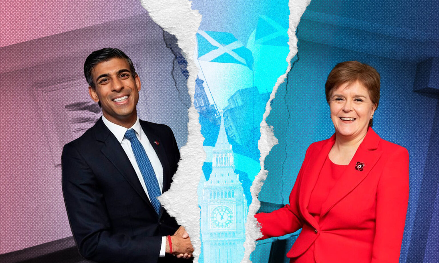 Le gouvernement britannique bloque le projet de loi sur le genre en Écosse est une « attaque éhontée contre les droits des trans », selon des militants A graphic illustrating prime minister Rishi Sunak being ripped apart from Scotland first minister Nicola Sturgeon with trans Pride flag colours in the background depicting the UK government's decision to block Scotland's gender reform bill