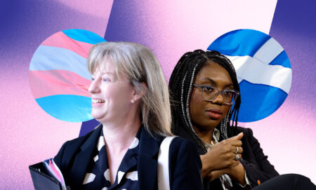 Collage of Shona Robison and Kemi Badenoch, facing away from each other, with the trans rights flag and the Scottish flag behind them