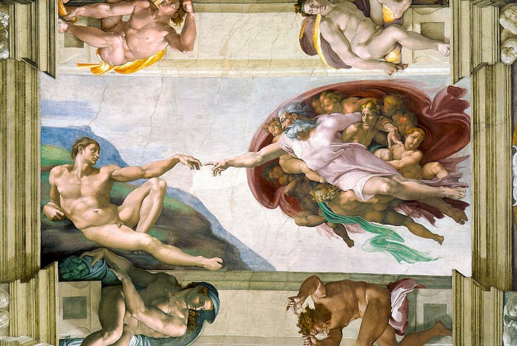 Une peinture montre la main de Dieu tendue pour toucher Adam, le premier humain dans l'histoire de la création de la Bible.