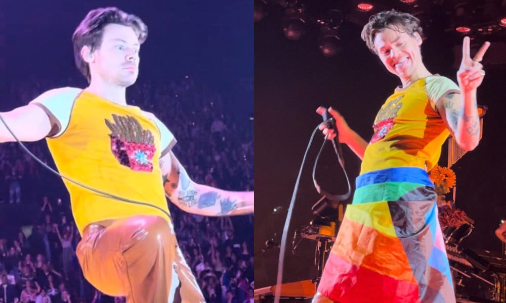 Harry Styles déchire son pantalon sur scène et se couvre d’un drapeau de la fierté Harry Styles déchire son pantalon sur scène et se couvre d'un drapeau de la fierté