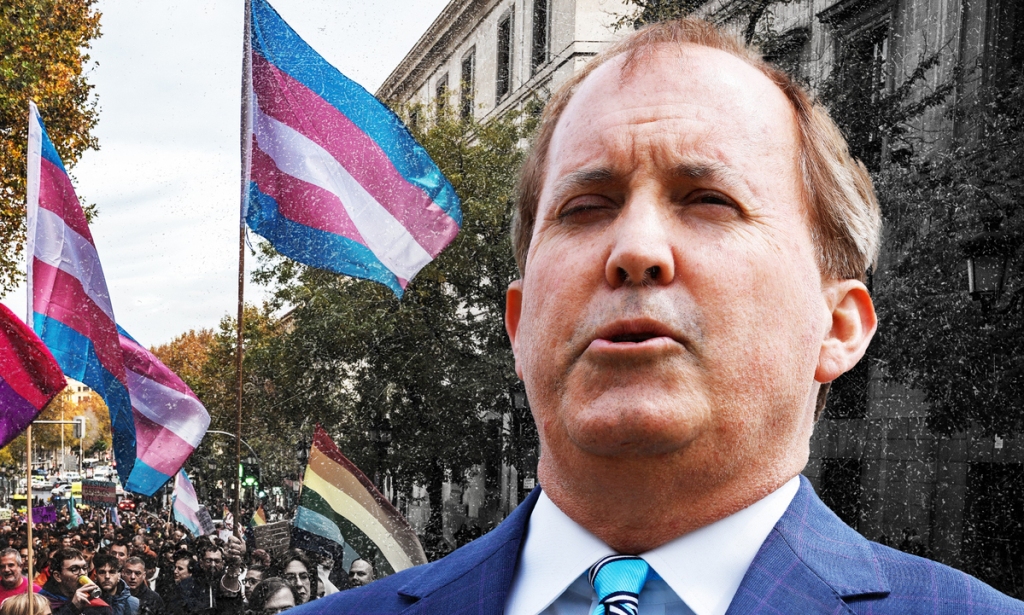 Le procureur général du Texas, Ken Paxton, superposé sur fond de militants LGBTQ +
