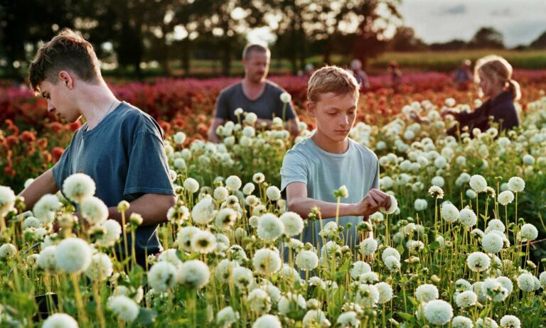 A still from the film Close shows four people standing in a field of dandelions