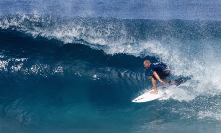 A surfer riding a wave