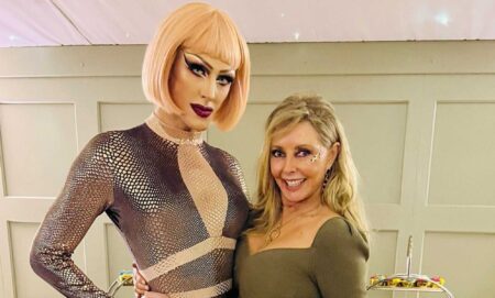 An Instagram photo shows Carol Vorderman wearing a light green dress posing with drag queen who's wearing a silver dress
