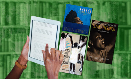 A graphic showing a cut-out image of a pair of hands holdinga Kindle and behind it are covers of Black history ebooks. The background is a green-tinted photo of books on bookshelves