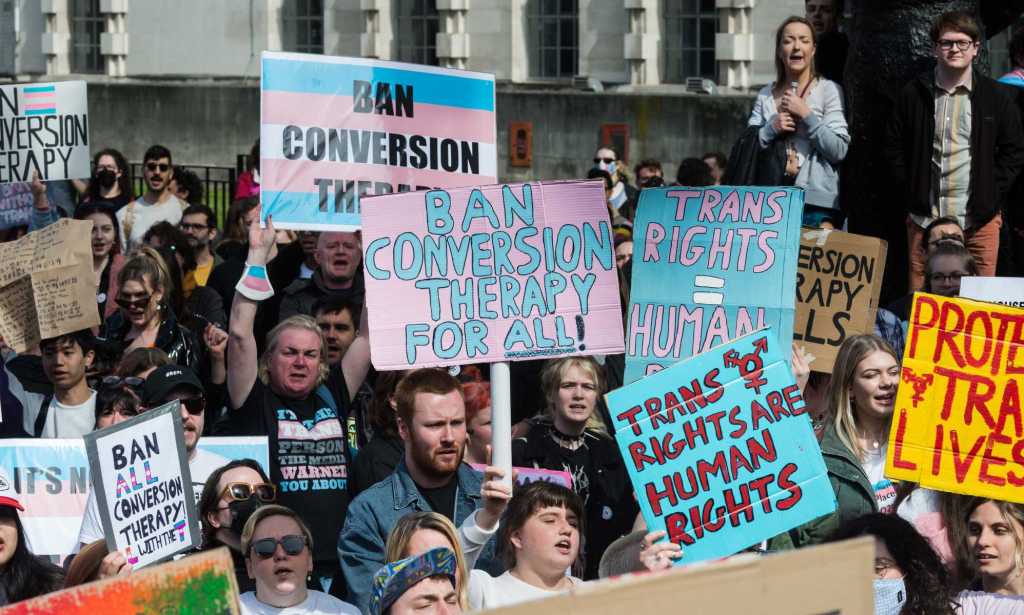 Des manifestants LGBTQ + tenant des pancartes indiquant «Interdire la thérapie de conversion», «Interdire la thérapie de conversion pour tous» et «Droits des trans = droits de l'homme»