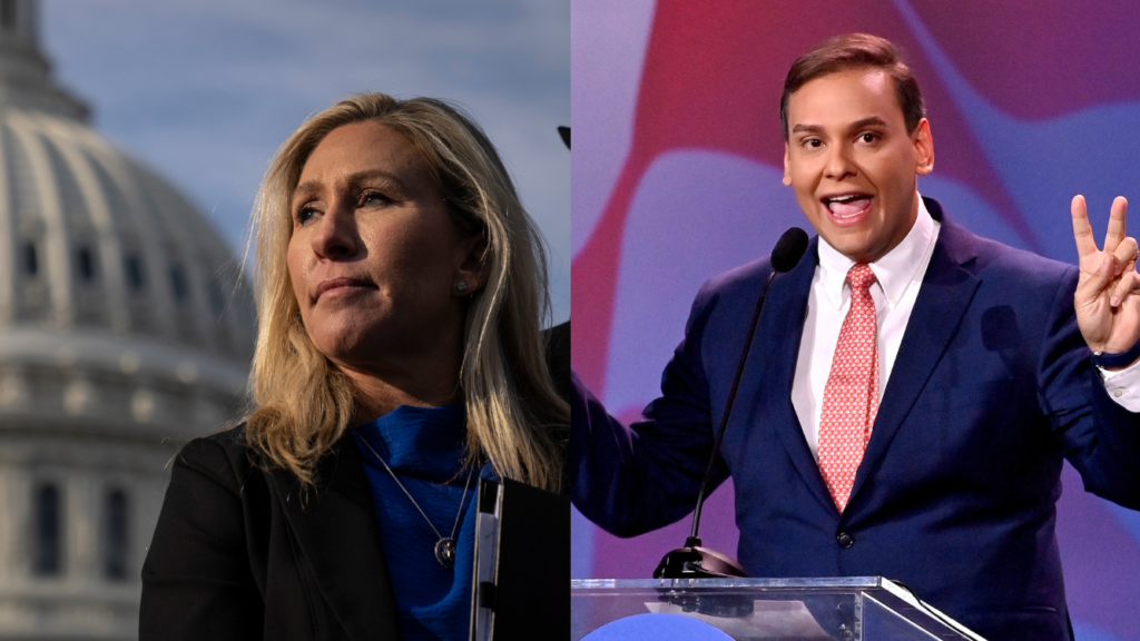 George Santos et Marjorie Taylor Greene unissent leurs forces pour une sinistre interdiction des livres anti-LGBTQ+ Composite image of Republicans Marjorie Taylor Greene and George Santos