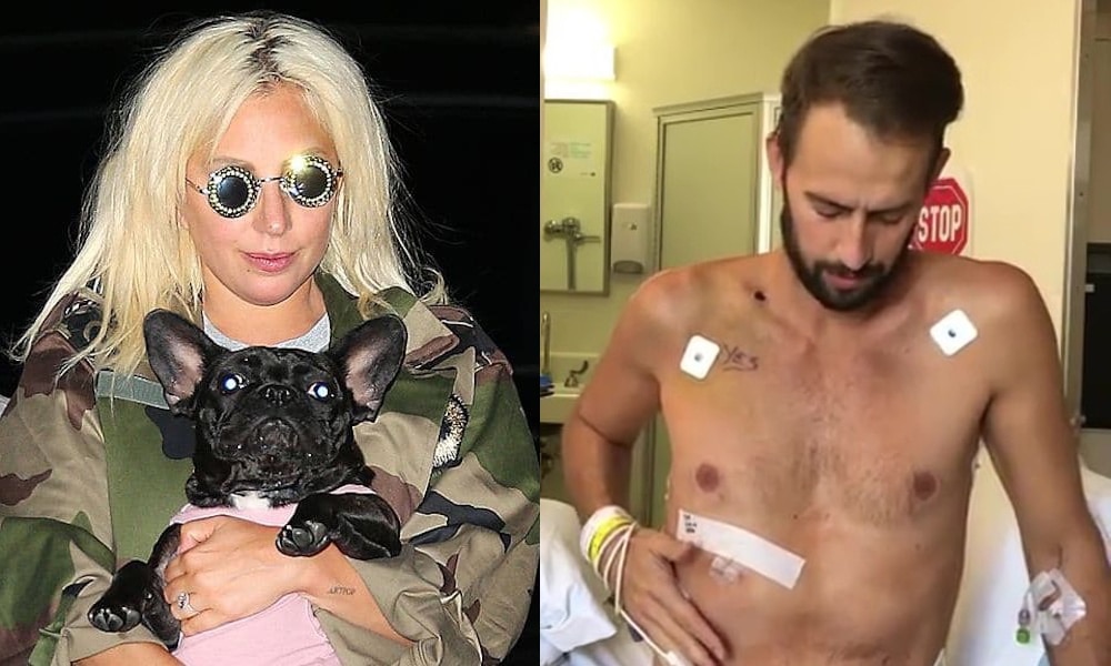 A gauche : Lady Gaga en veste camouflage tenant un bouledogue français.  À droite : Ryan Fischer, torse nu, assis bien droit sur un lit d'hôpital
