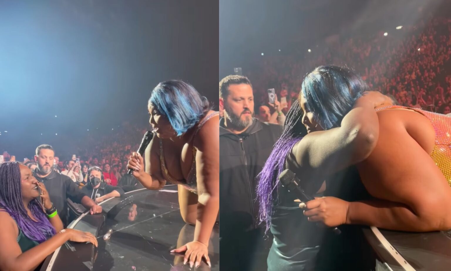 Lizzo arrête le spectacle pour partager un câlin réconfortant avec un fan qui pleure Side by side images of Lizzo talking to and hugging an emotional fan during a concert in Italy