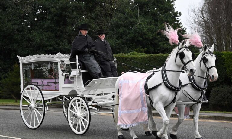 White horses bring Brianna Ghey's pink coffin to her funeral