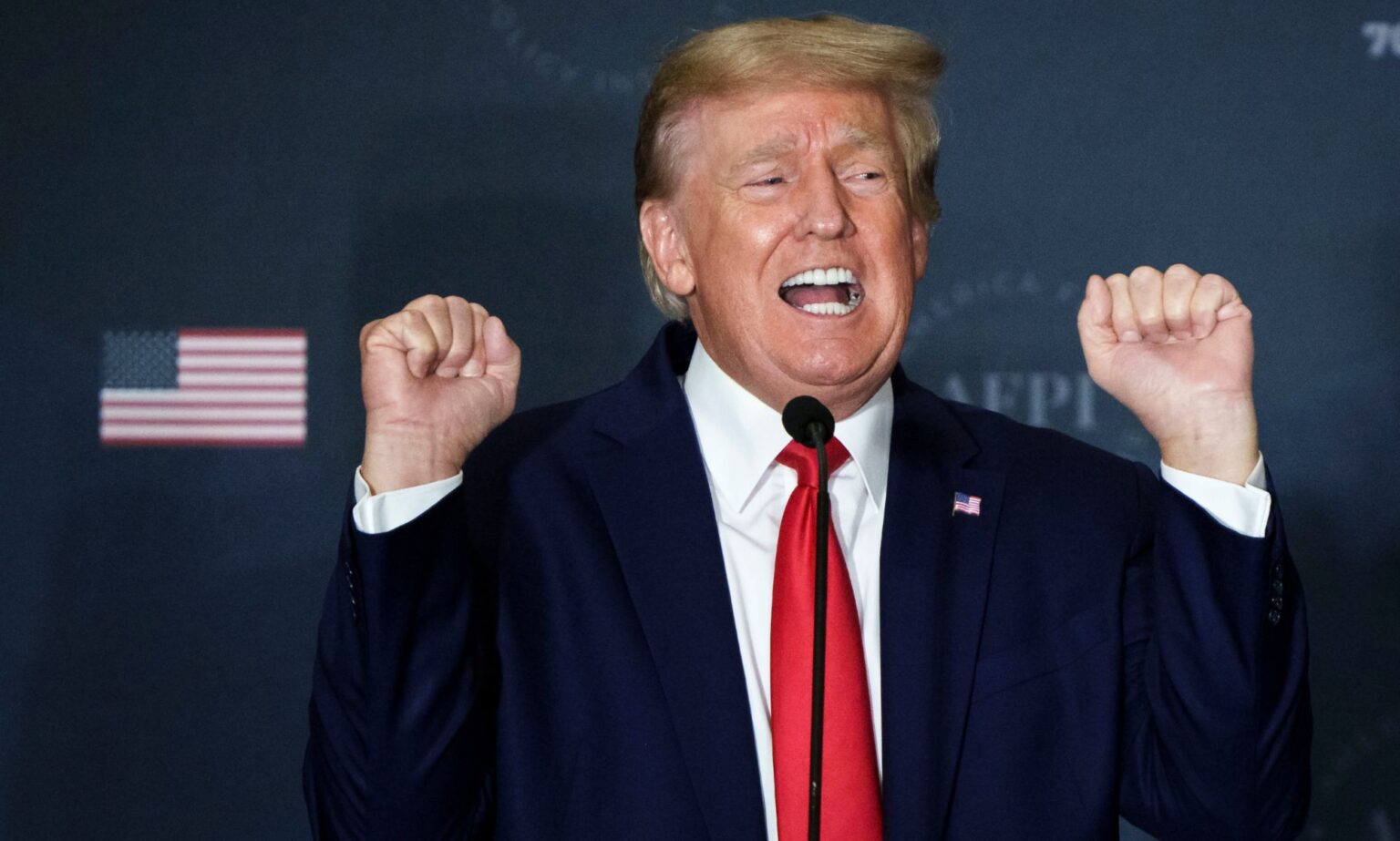 Donald Trump affirme qu’il « sera arrêté » dans l’affaire du silence de Stormy Daniels Republican president Donald Trump wears a suit and tie as he holds both his hands up near his head in the shape of fists