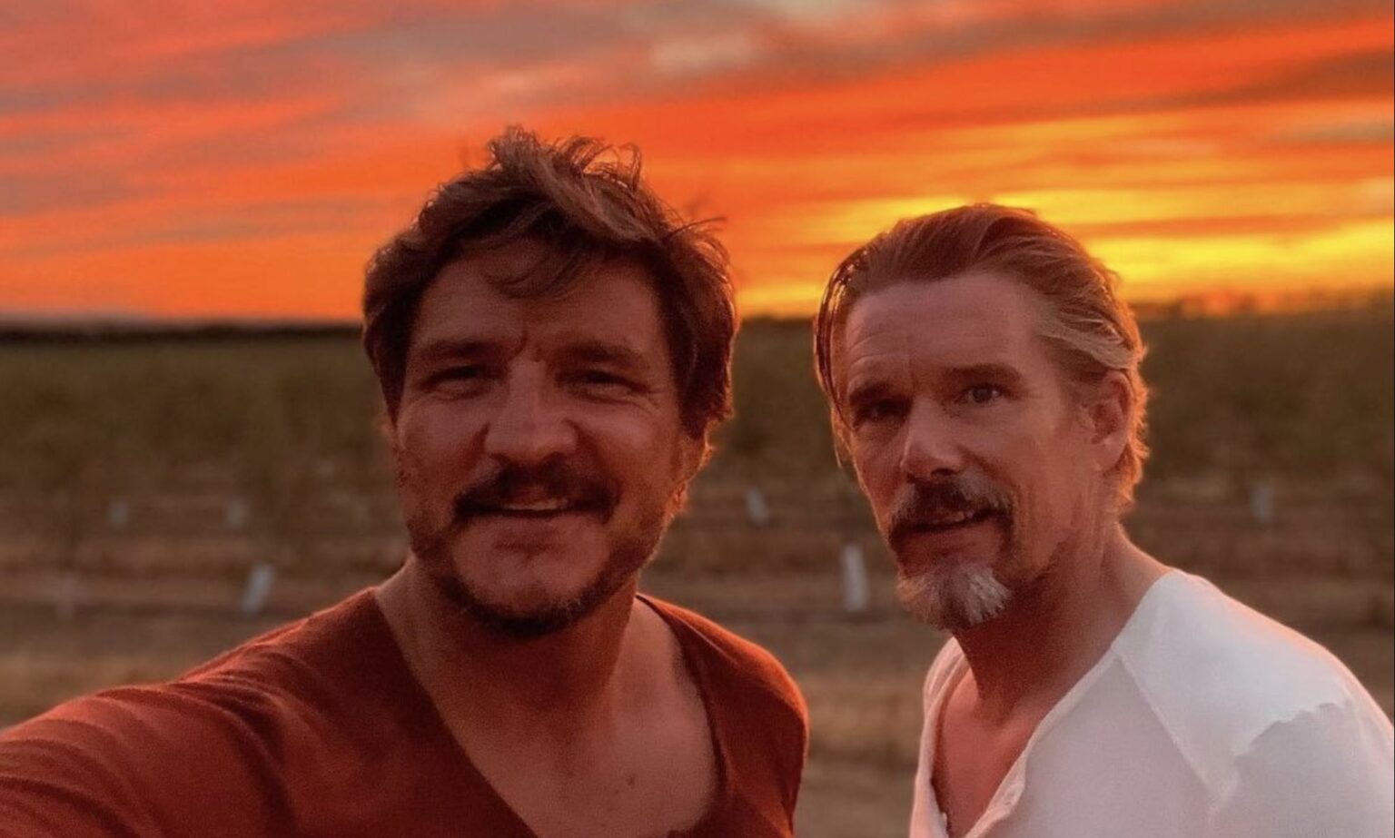 Le western gay de Pedro Pascal avec Ethan Hawke s’apprête à rivaliser avec Brokeback Mountain Pedro Pascal and Ethan Hawke on set filming ‘Strange Way of Life’.