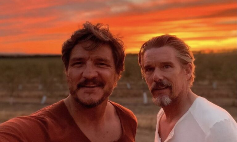 Pedro Pascal and Ethan Hawke on set filming ‘Strange Way of Life’.