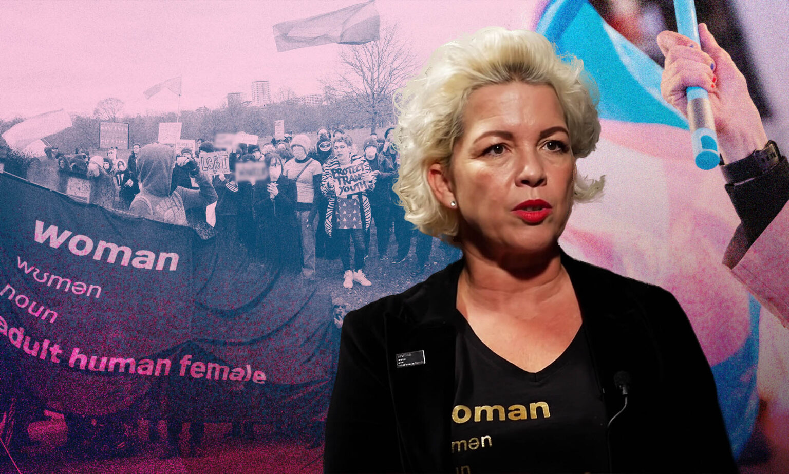 Qui est Posie Parker, la militante anti-trans dont les protestations ont attiré les extrémistes néonazis ? Posie Parker, also known as Kellie-Jay Keen-Minshull, in a black suit in front of a protest with a banner that reads 'woman, adult human female'.