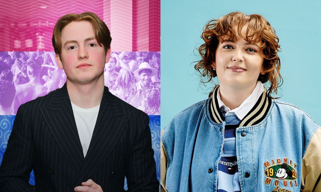 Deux images côte à côte de l'acteur Heartstopper Kit Connor dans un costume noir et un t-shirt blanc debout sur un fond de drapeau bisexuel et l'auteur Alice Oseman portant une veste bleue debout sur un fond bleu clair.