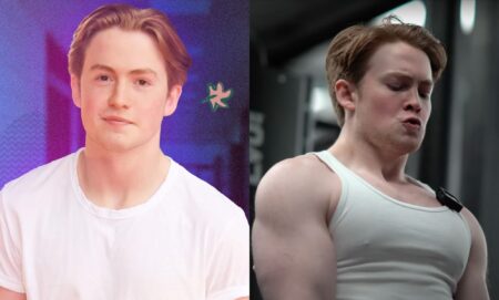 Kit Connor in a white t-shirt (right) and pictured working out at the gym in a YouTube video with Nathaniel Massiah