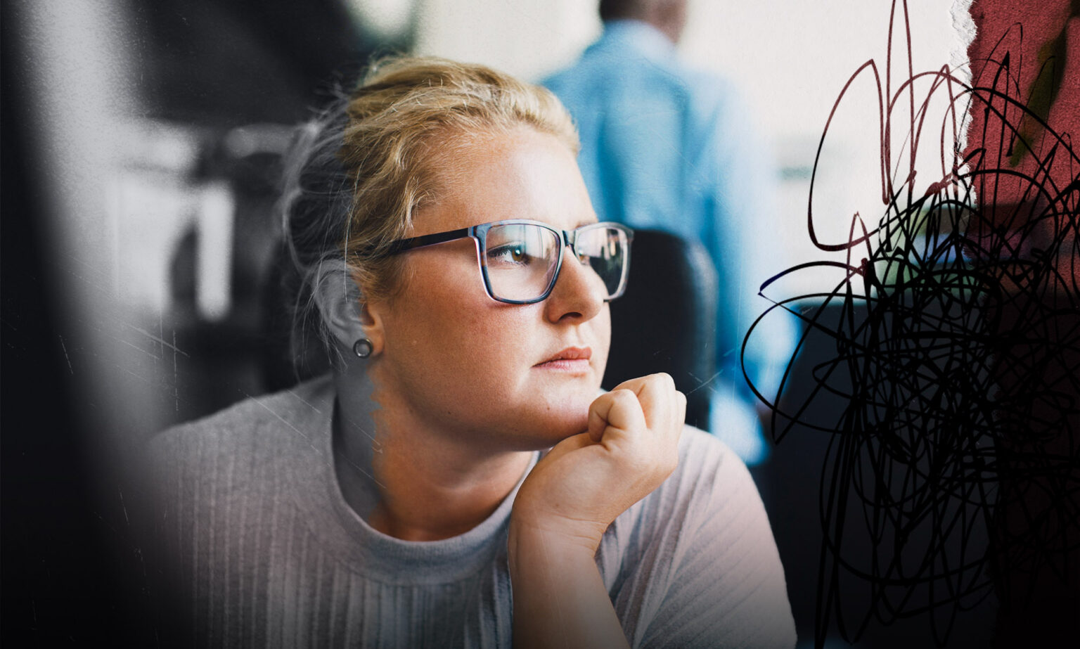 Stressé au travail ? Voici 5 choses que vous pouvez faire pour éviter le burn-out A female presenting person is looking out the window. They have eyeglasses on. They look stressed and there is a creative overlay for visual impact.