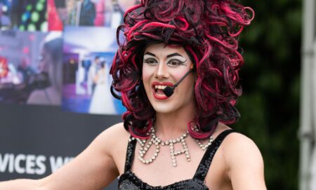 Drag artist Aida H Dee during a Drag Queen Story Hour UK event.