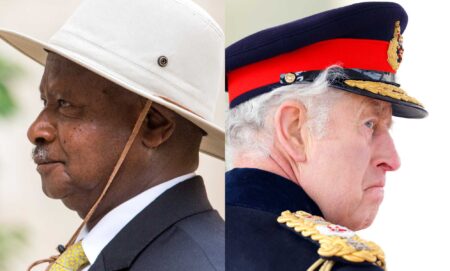 Collage of photos of Museveni and Charles looking in opposite directions.