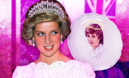 Princess Diana pictured wearing a tiara against a pink background. On the right is a picture of a plate with an image of Diana on it.