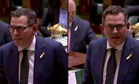 Side by side images of Dan Andrews, premier of the Australian state of Victoria, as he spoke out against anti-LGBTQ+ hate that resulted in a drag storytime event being cancelled