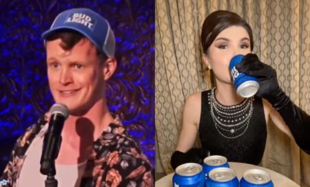 The Book of Mormon on Broadway star PJ Adzima singing "Bud Light" (left) and Dylan Mulvaney in her Bud Light ad on Instagram